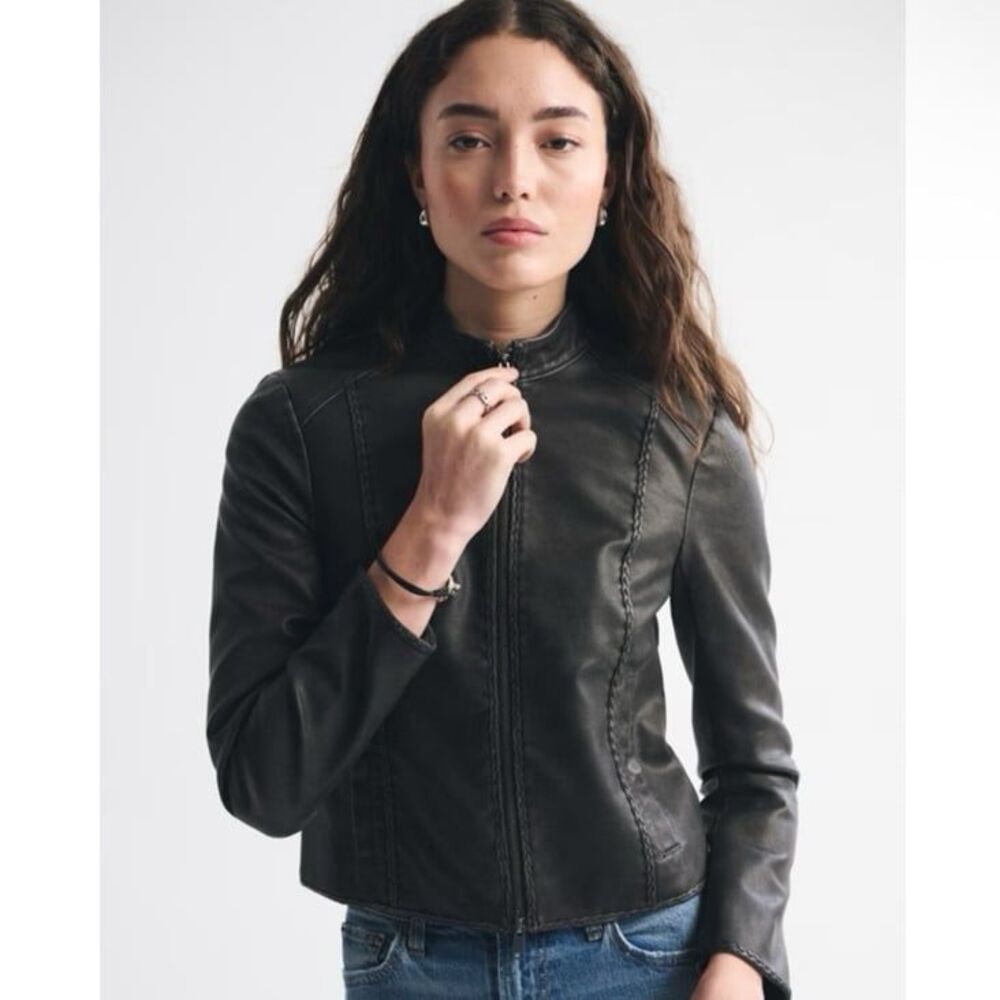 Abercrombie & Fitch Slim Vegan Leather Mockneck Moto Jacket Black Womens A&F
